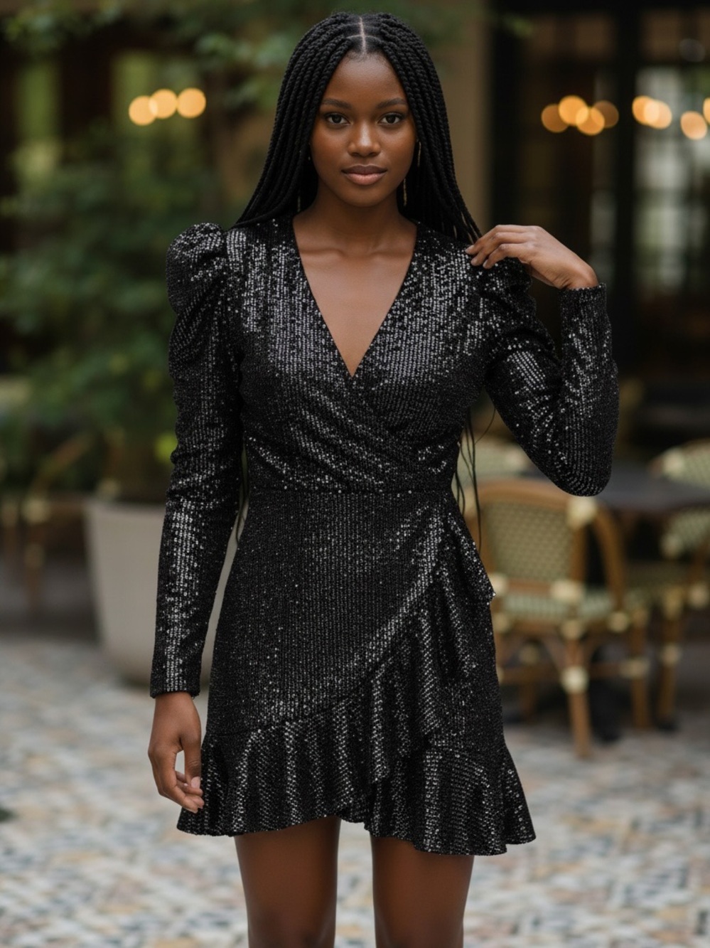 IRO Women's LouLou Black Sequin stretch Body Con V-Neck Dress Sz 36/US 4